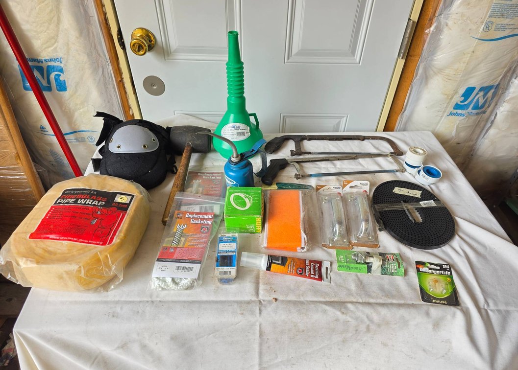 Garage Tools Lot Including Rubber Mallet, Rainbow Oiler, and Gasketing Supplies
