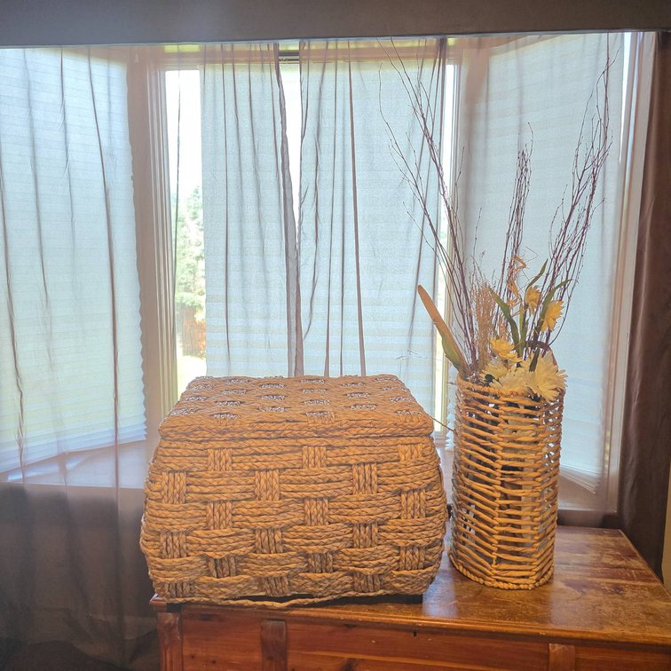 Woven Storage Basket with Hinged Lid and Decorative Wicker Vase