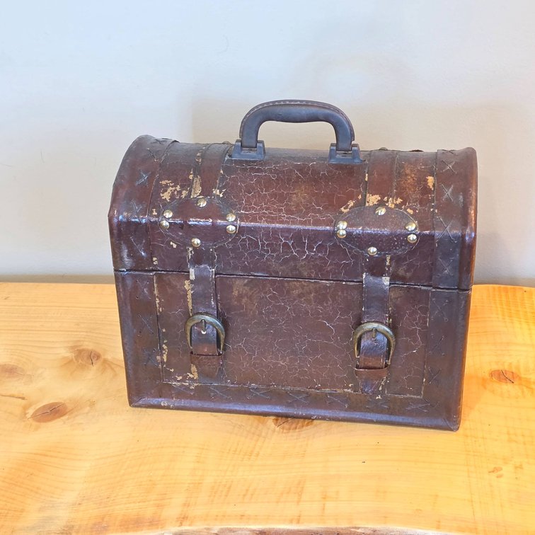 Leather-Wrapped Wooden Box with Hinged Lid and Handle