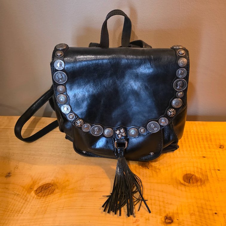 Patricia Nash Black Leather Purse Backpack with Coin Accents