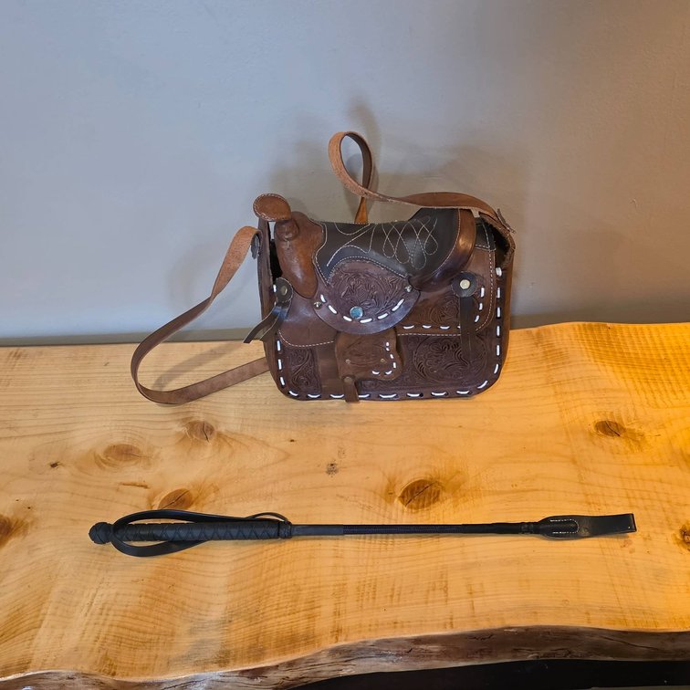 Leather Saddle Purse and Weaver Leather Riding Whip