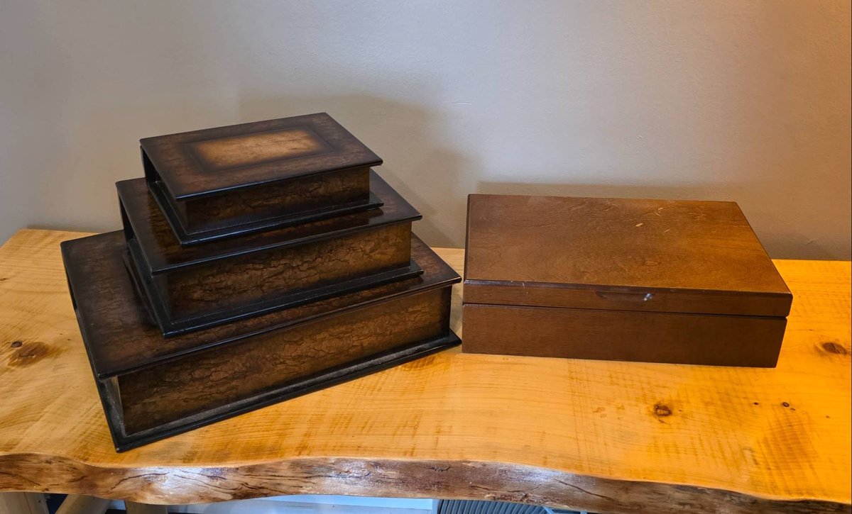 Three Wooden Nesting Boxes and Bigelow Tea Wooden Box