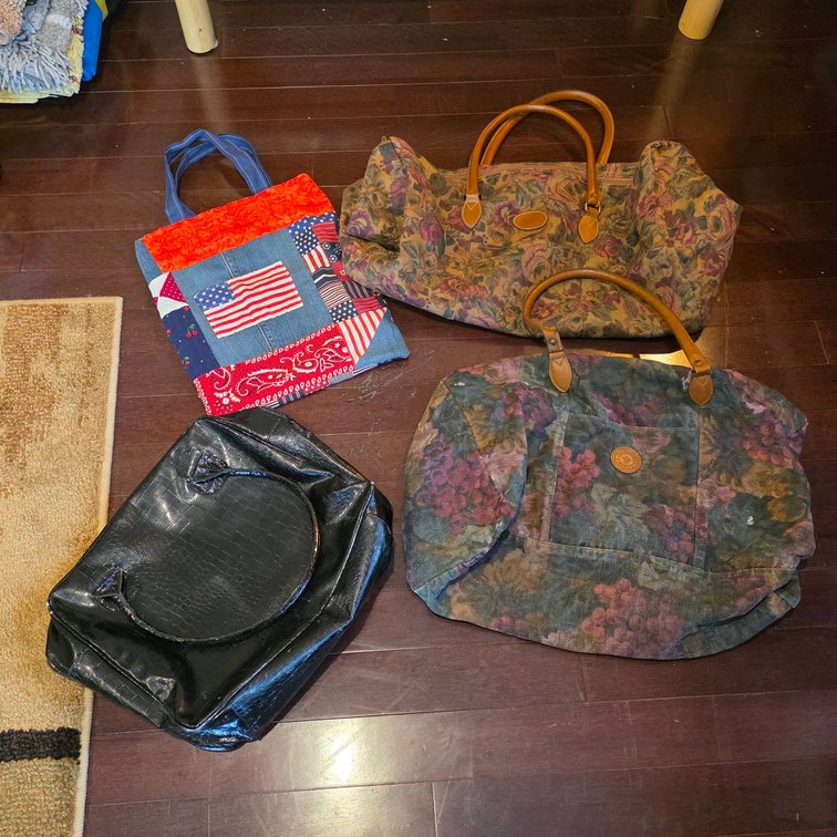 4 Bags Including Floral Fabric, Leatherette, and Patchwork Designs