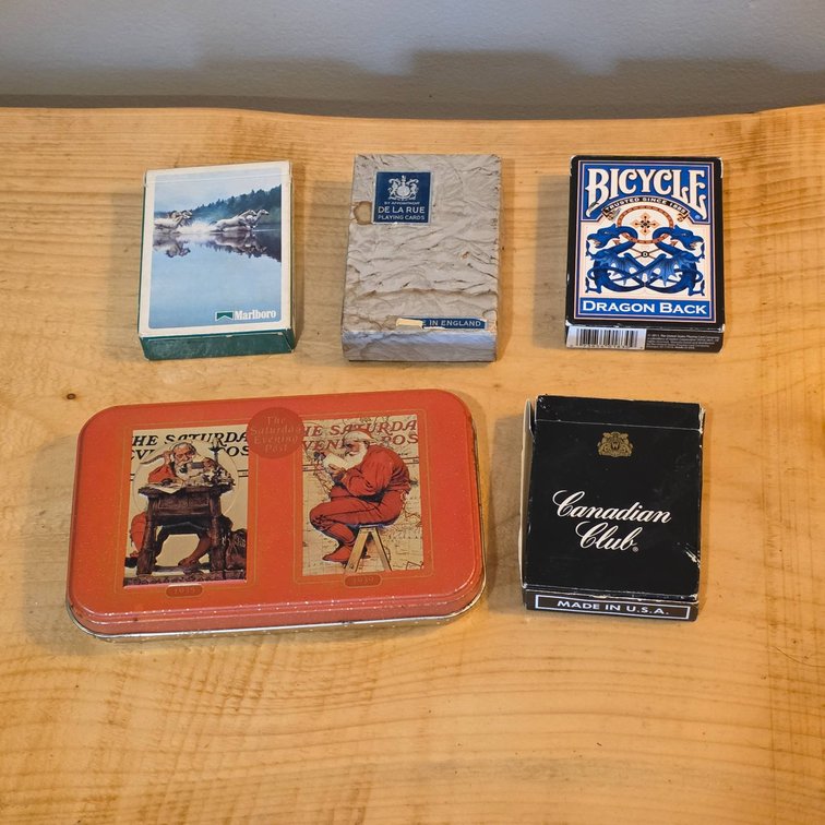 6 Decks of Playing Card, Marlboro, De La Rue, Bicycle, Canadian Club, and Norman Rockwell Designs