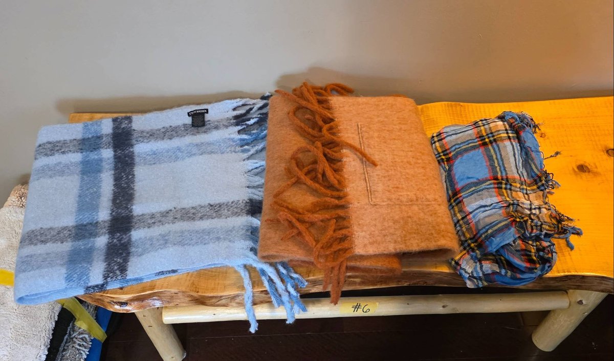 3 Scarves: Steve Madden, Sprigs, and Plaid Textile, Each 77″ Long