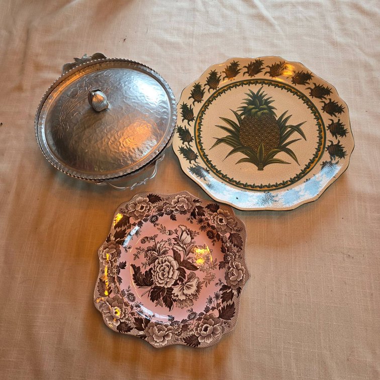 Spode Plate, Pineapple Plate, and Hammered Aluminum Dish