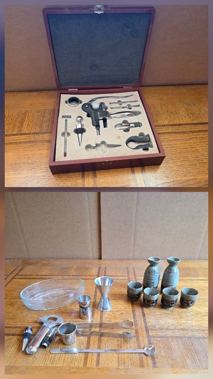 Vtg 6pc Ceramic Sake Set With Barware Accessories and Oneida Stainless Steel Barware