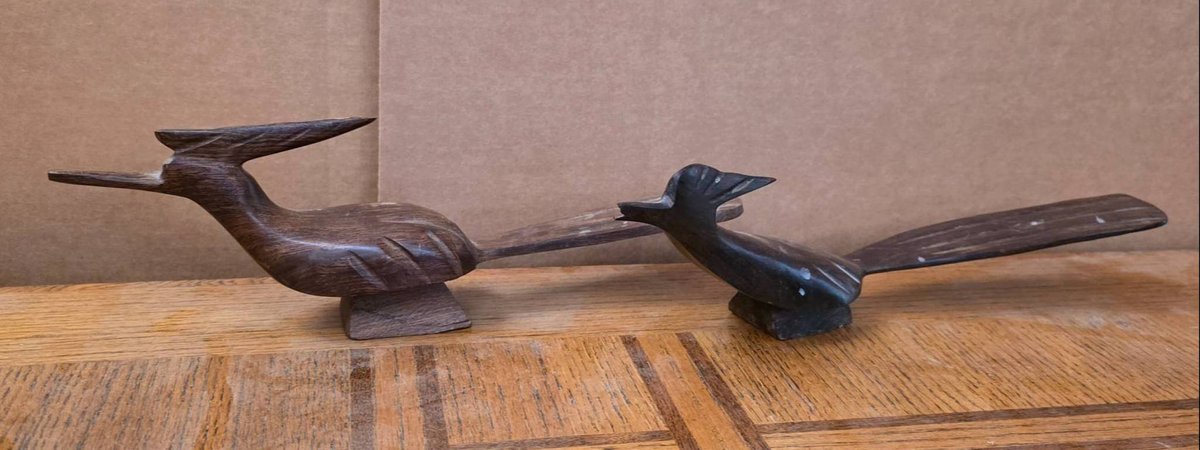 2pc Carved Darkwood Roadrunners, Likely Teak or Mahogany