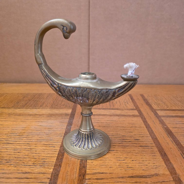 Midcentury Brass Whale Oil Lamp with Craning Ostrich Design