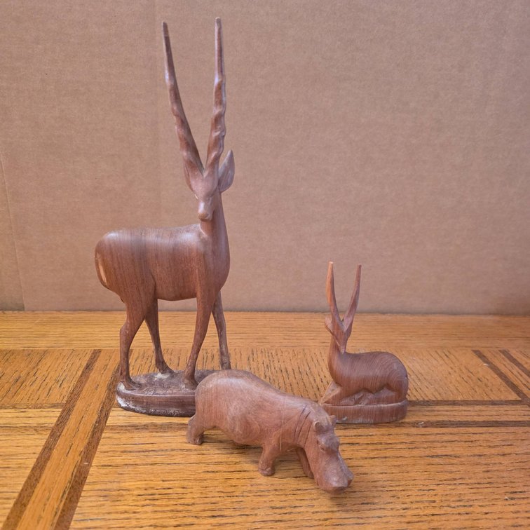 3pc African Hand-Carved Impalas and Hippopotamus Figures