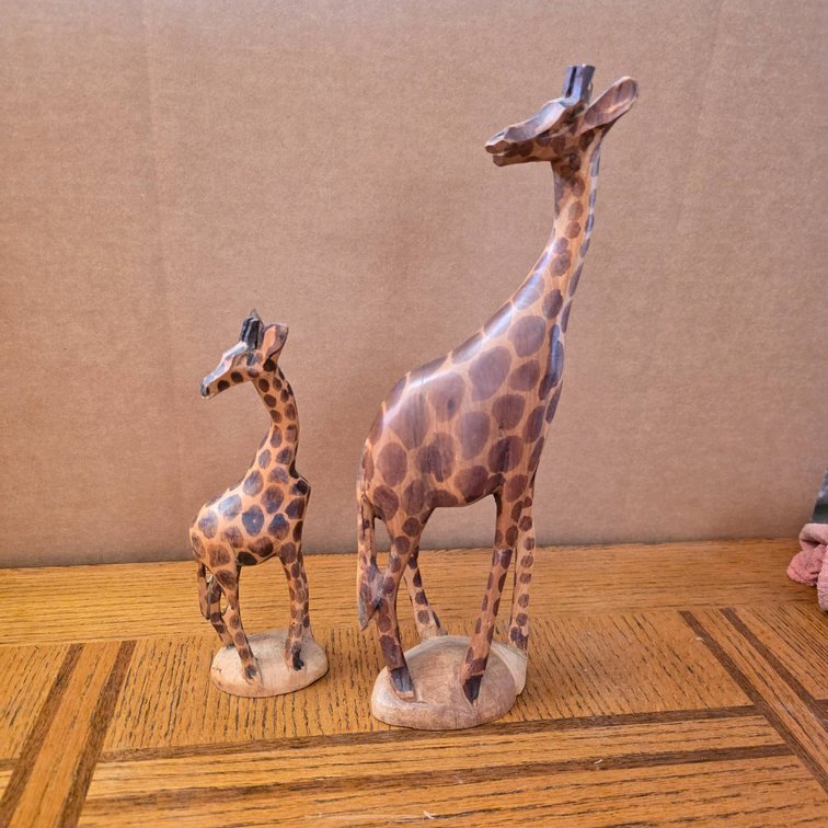 2pc Hand-Carved Giraffe Statues in Exotic Wood, Made in Kenya