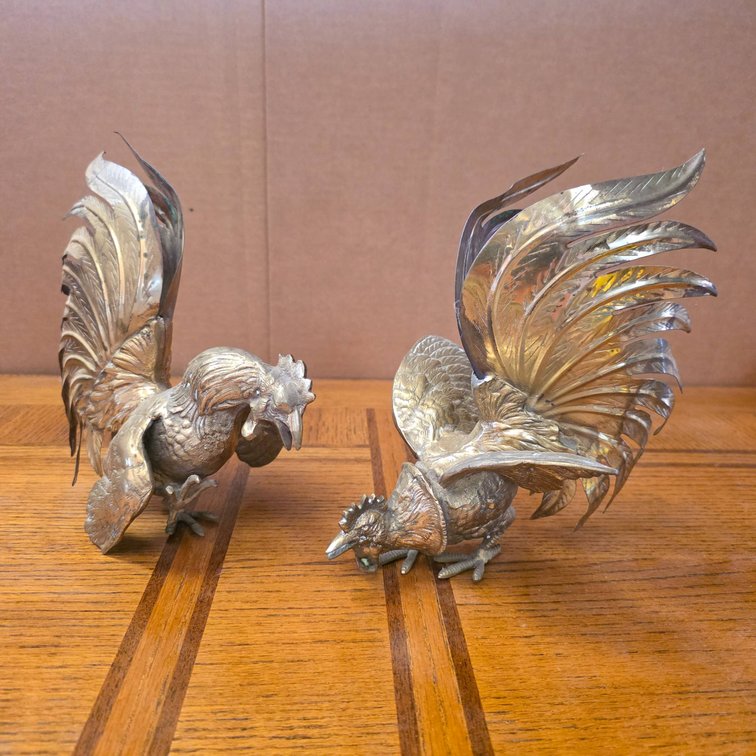 2pc Midcentury Weighted Brass Fighting Rooster Statues