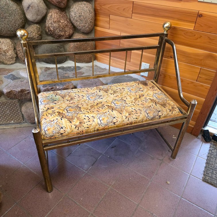 1980s Hollywood Regency Brass Bench with Jaguar Print Cushion
