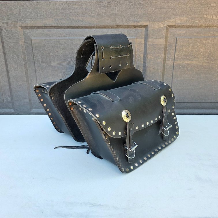 Black Leather Motorcycle Saddlebags with Stud Accents