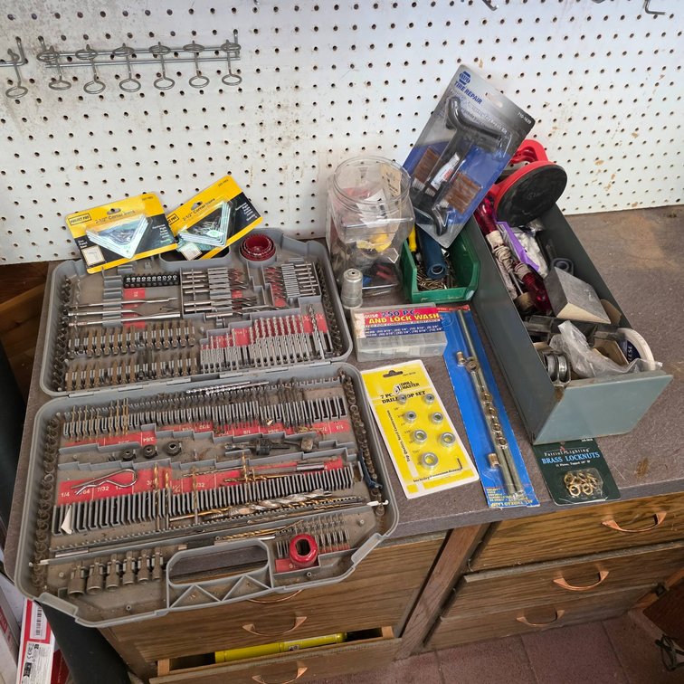 Garage and Workshop Hardware Value Lot with Drill Bits, Tire Repair Kit, and Assorted Hardware