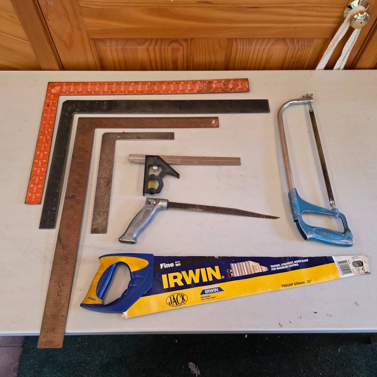 8pc Workshop Lot with Squares and Saws, Including Irwin and Great Neck Tools