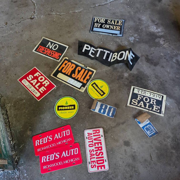 Vintage Pettibone and Pioneer Chainsaw Stickers and For Sale Signs