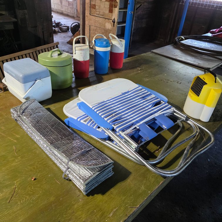 Lot With Four Water Coolers, Metal Frame Lawn Chairs, Sunshade, and Minnow Bucket