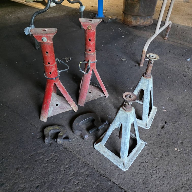 Two Pairs of Jack Stands and Two Heavy-Duty C Clamps