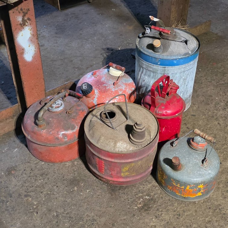 Five Vintage Metal Gas Cans, Largest Approx. 5-Gallon Capacity