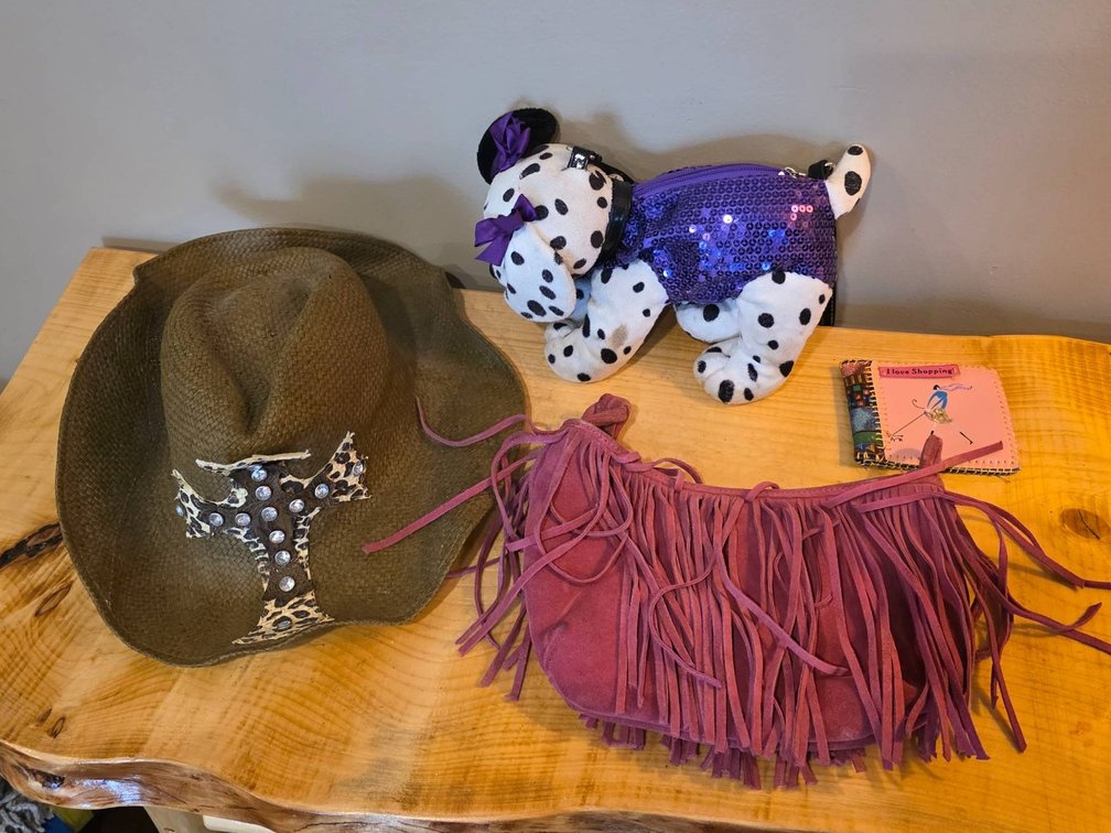 Poochie & Co Plush Dalmatian Bag, Faux Suede Fringe Purse, Straw Hat, and ‘I Love Shopping’ Mini Wallet