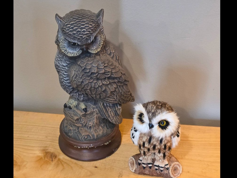 Owl Figurines: Ceramic and Faux Fur