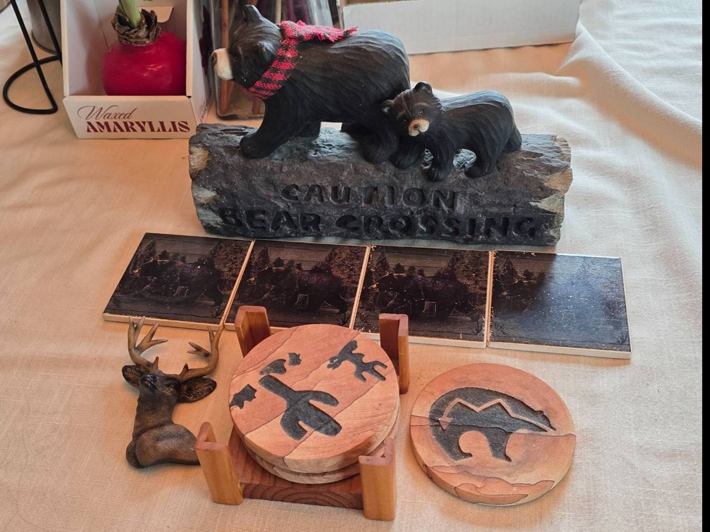 Two Coaster Sets and Deer Magnet with Bear Crossing Figurine