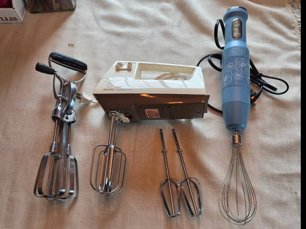 Three Mixers: Sears CounterCraft Hand Mixer, Infortek Immersion Blender, and EKCO Manual Egg Beater