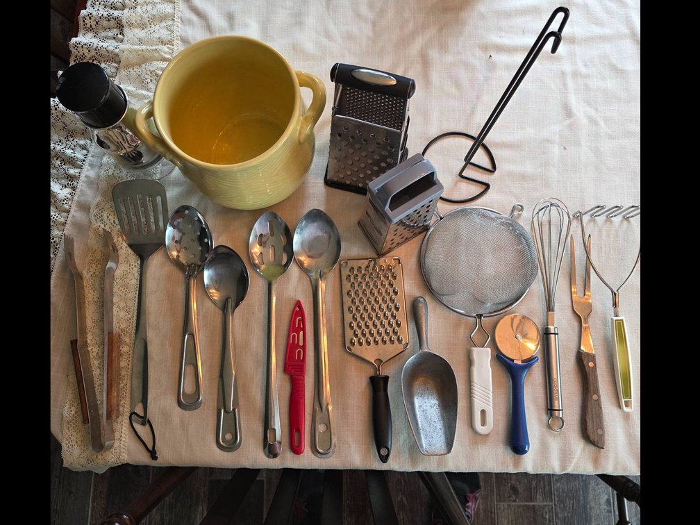 Kitchen Tools Lot with Stainless Steel and Plastic Implements