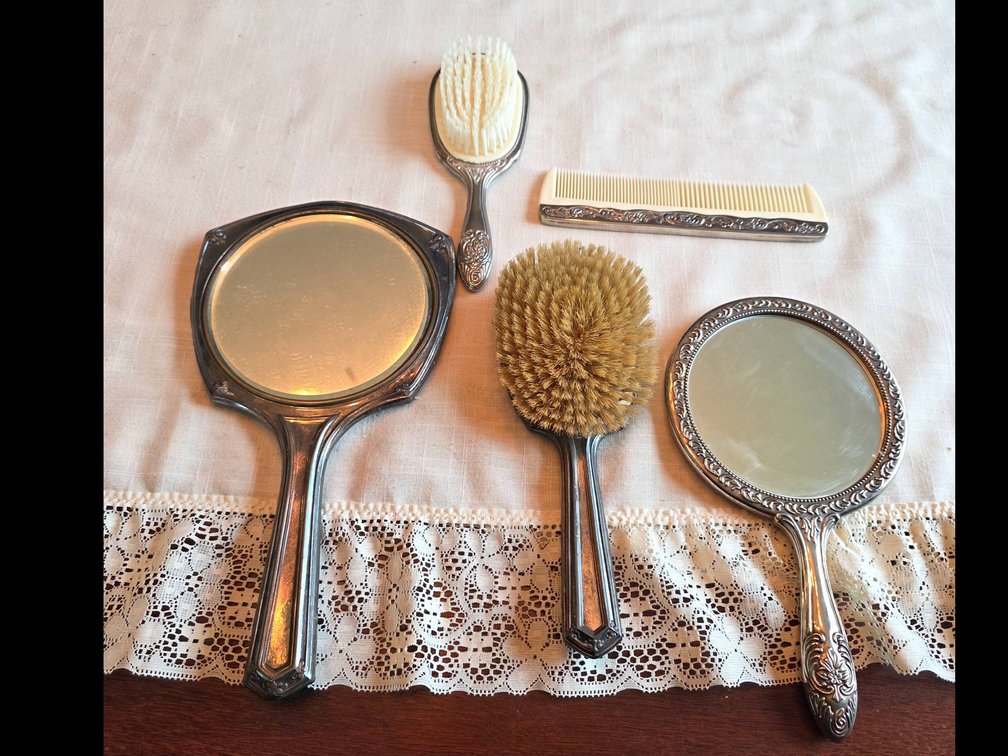(5) Mid-Century Hand Mirrors, Brushes, and Comb