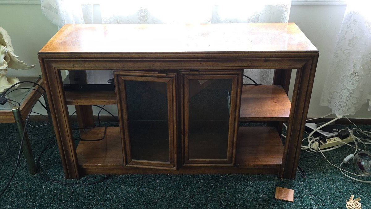 Mid-Century Wood Sofa Table with End Shelves and Center Cabinet with Glass Shelf