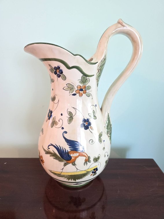 Capodimonte 16" Italian Ceramic Pitcher with Hand-Painted Floral and Bird Design