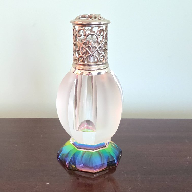 7" Cut Crystal Perfume Bottle with Ornate Metal Filigree Top and Iridescent Base
