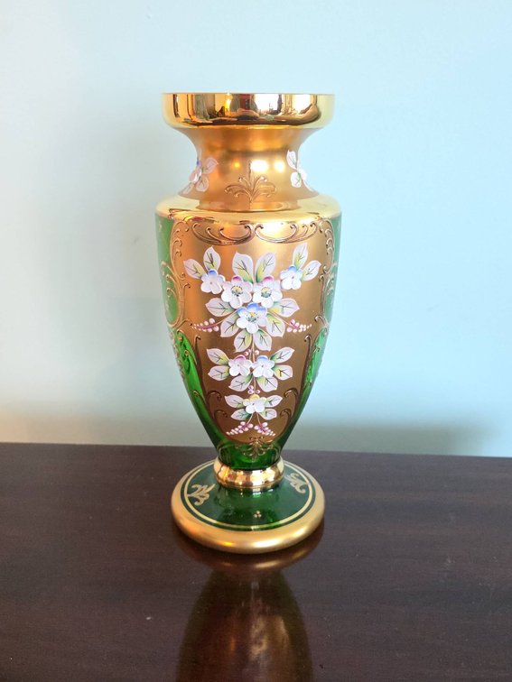 Emerald Green Bohemian Glass Vase with Hand-Painted Floral and Gilded Design, 11 in