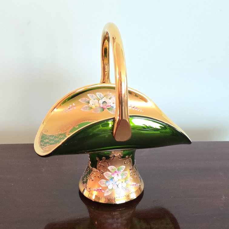 Old Bohemian Emerald Green Glass Basket with Hand-Painted Floral and Gold Decoration