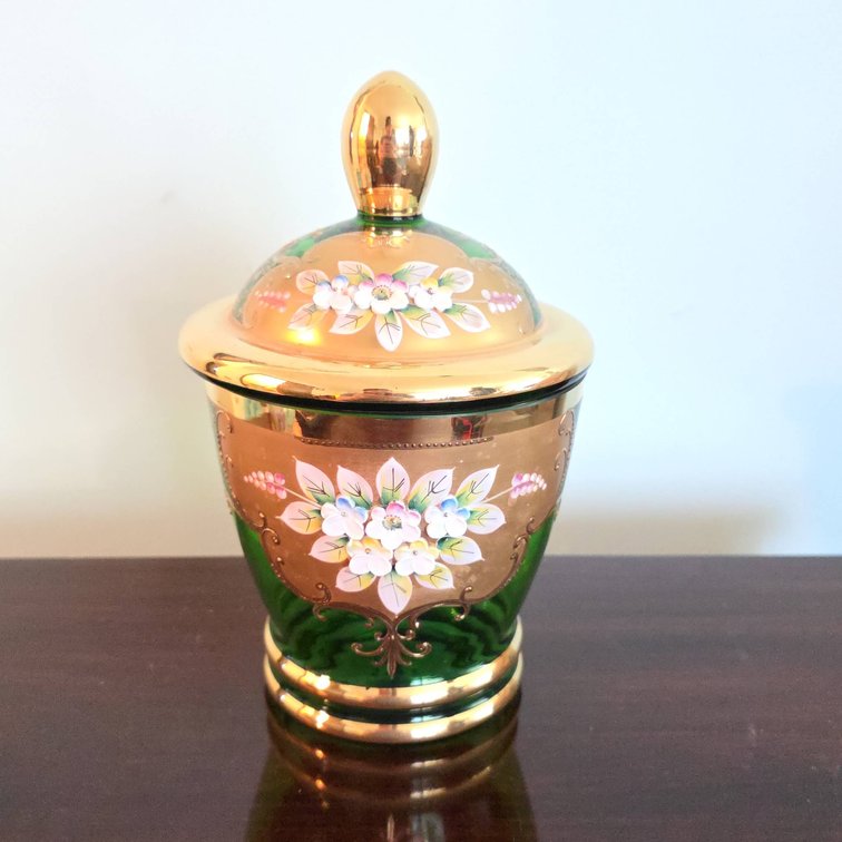 Old Bohemian Emerald Green Glass Candy Jar with Gold and Floral Enamel