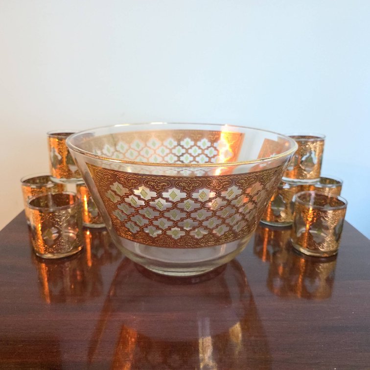 Mid-Century Culver Valencia Glass Punch Bowl With Eight Punch Cups