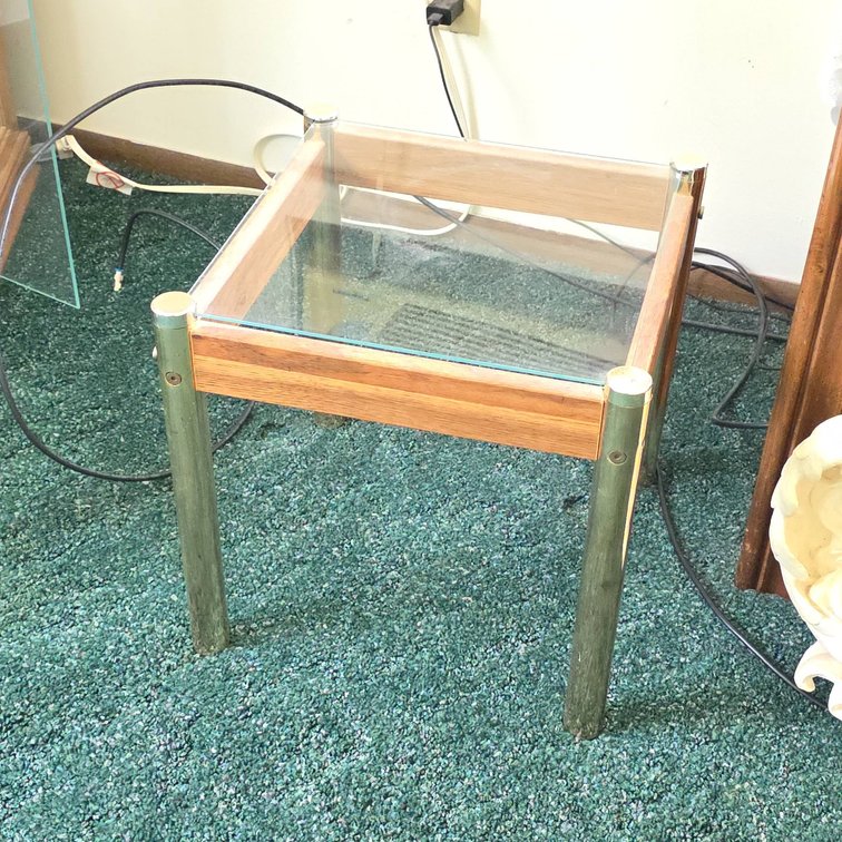 Vintage Glass Top Side Table with Wood Frame and Metal Legs