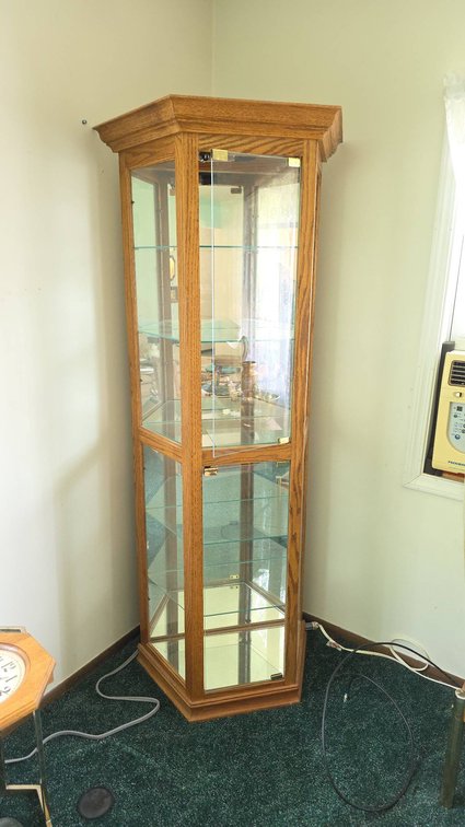 Lighted Oak-Finish Curio Cabinet with Six Movable Glass Shelves and Two Glass Doors