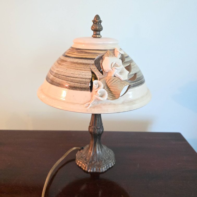 Vintage Small Lamp with 12" Pottery Shade and Floral Relief Accent
