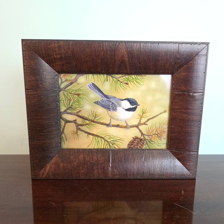 Original Terry Doughty Chickadee Watercolor Painting in 10x8 Wood Frame