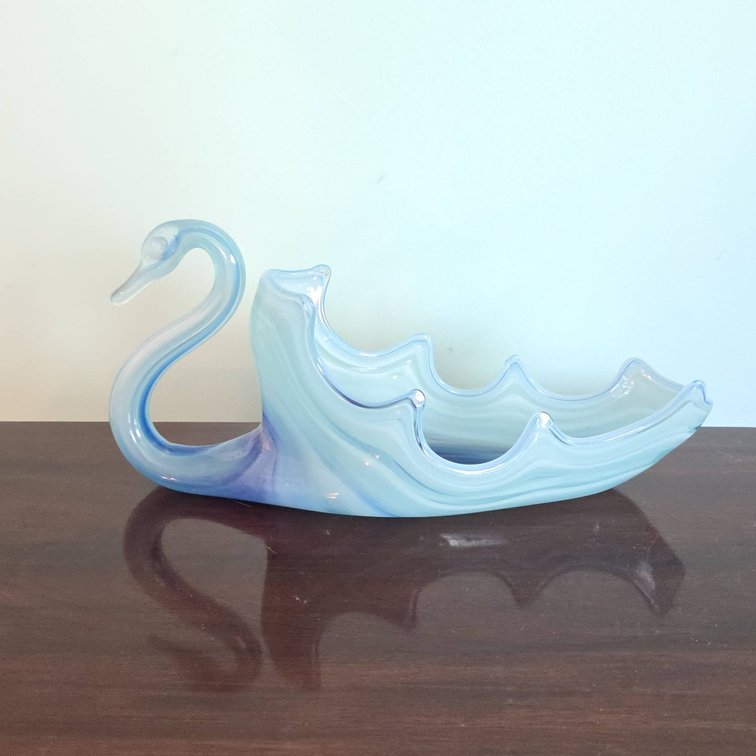Blue Swirl Art Glass Swan Bowl, 13.5 Inches Long
