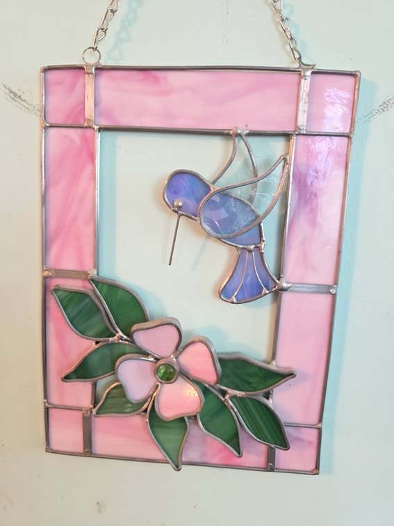 Stained Glass Window Art with Hummingbird and Flower, 8.5 x 11.5 Inches