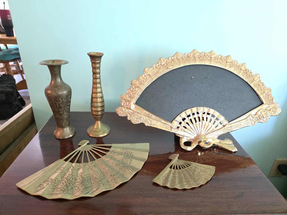 Brass Fan Picture Frame, Two Vases, and Two Brass Fan Wall Hanging Items