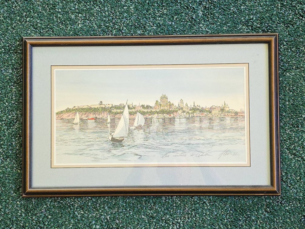 Framed Lithograph of Quebec City Waterfront, 21.5" x 13.5"