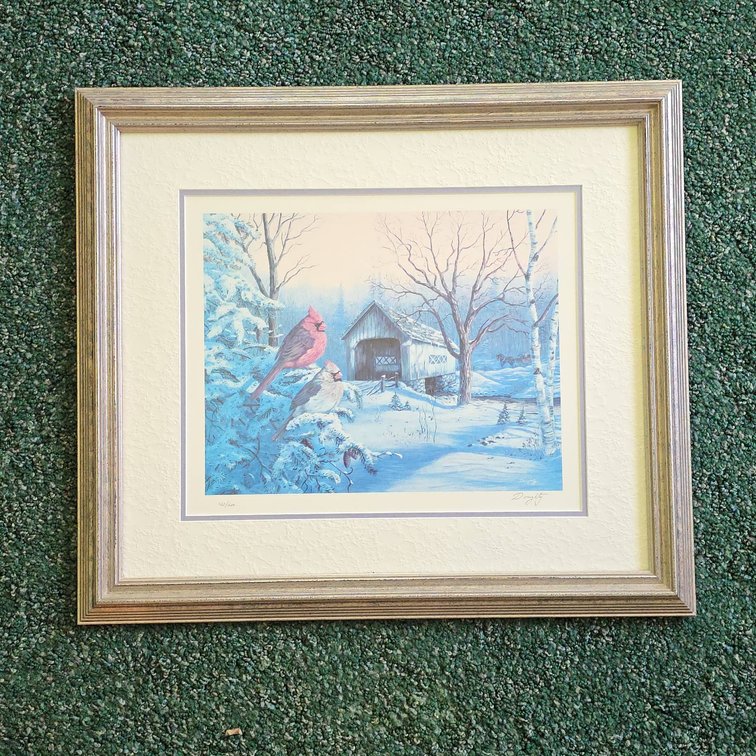 Terry Doughty Limited Edition Snowy Haven Print, Cardinals and Covered Bridge, Framed, 21x18 in
