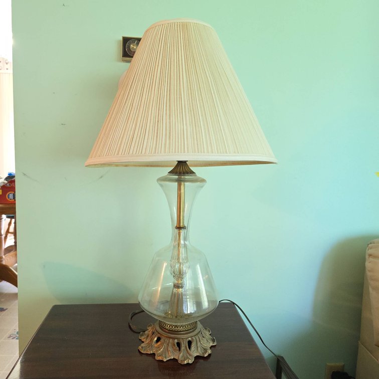 29" Glass Table Lamp with Pleated Fabric Shade and Brass-Tone Metal Base