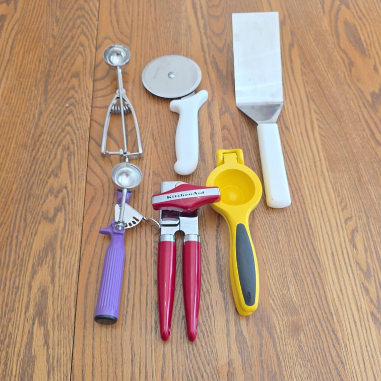 Kitchen Utensil Set: Mundial Pizza Cutter, Scraper, Two Ice Cream Scoops, OXO Lemon Press, KitchenAid Can Opener