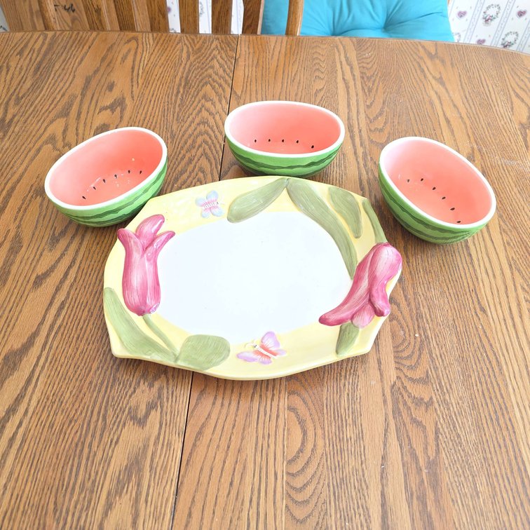 4 Hand-Painted Ceramic Serveware, 13" Floral Tray and Watermelon Bowls