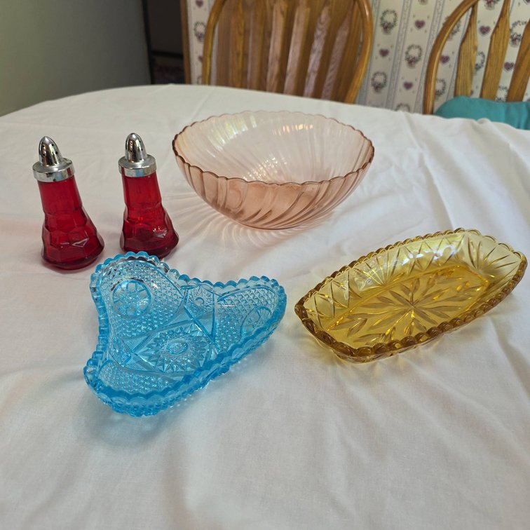 Mid-Century Colored Glass Tableware Including Shakers and Dishes